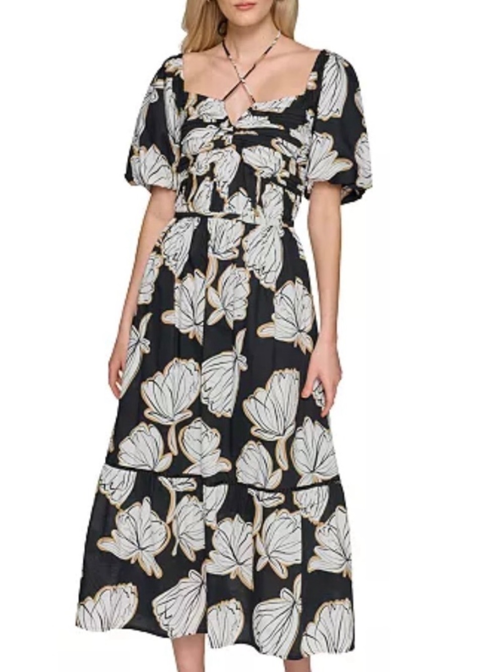 Karl Lagerfeld Black Midi Dress with Cream Floral Print - Picture 2 of 10